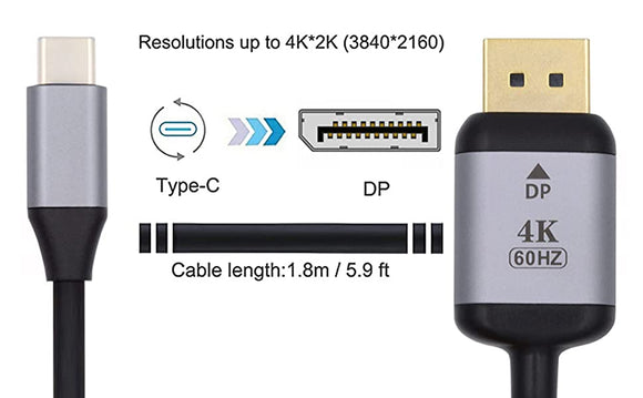 Pi+® (PiPlus®) USB 3.1 Type C to DisplayPort cable 4K 60Hz Compatible with Laptops, HDTV, Projector-1.8m